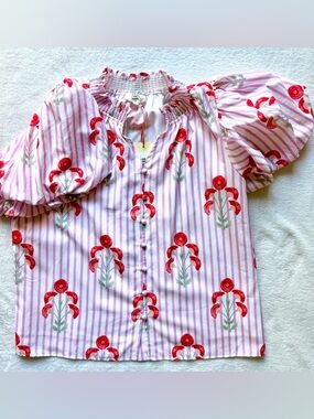 Entro Pink Striped Button-Front Blouse with Red Floral Motif NWT